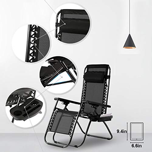 Zero Gravity Chairs Patio Chairs Lawn Lounge Chair Patio Set of 2 with Pillow and Cup Holder Patio Furniture Outdoor Adjustable Dining Reclining Folding Chairs for Deck Patio Beach Yard Black