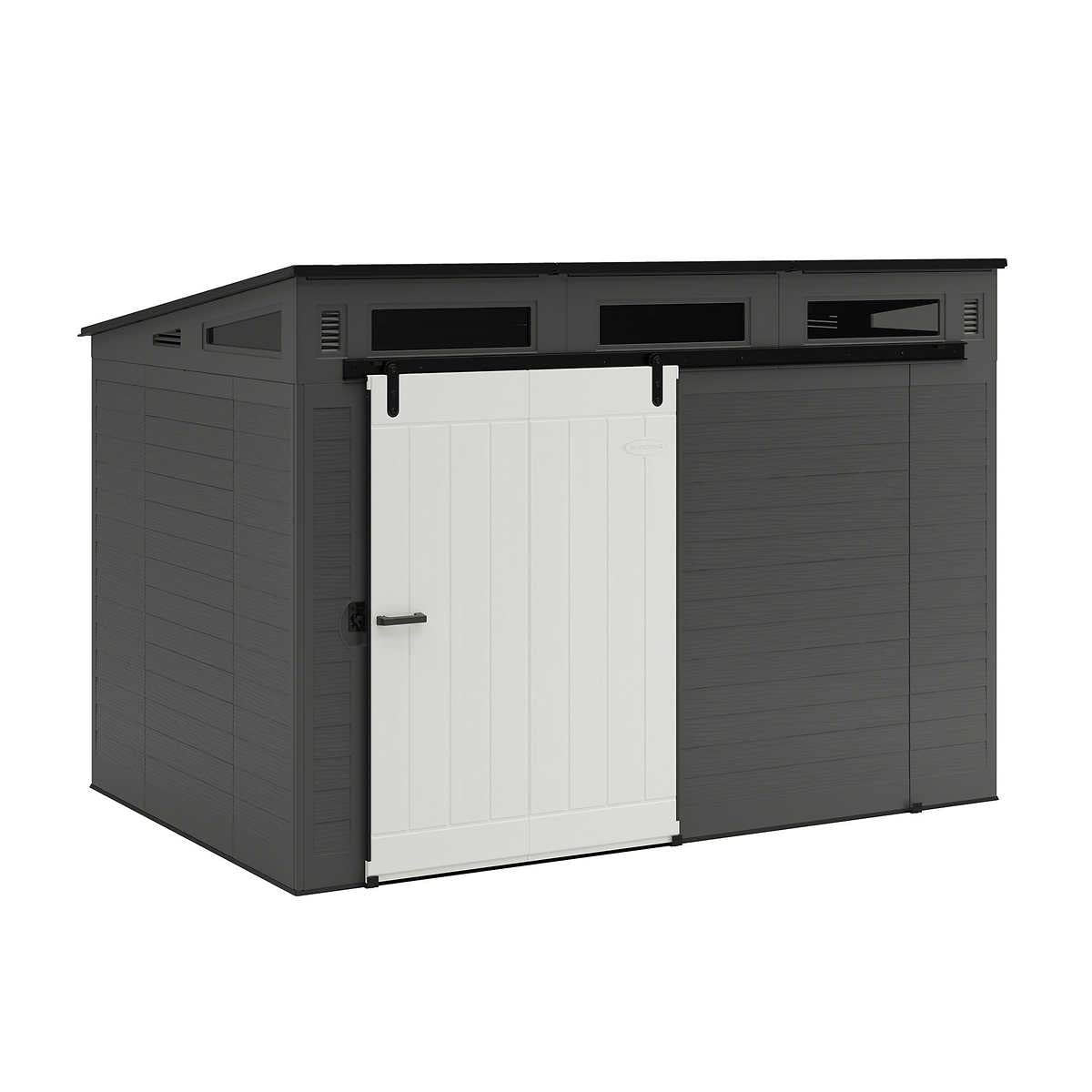 Suncast Modernist 10' x 7' Outdoor Storage Shed with Pad-Lockable Sliding Barn Door, All-Weather Shed for Outdoor Storage Items, Peppercorn