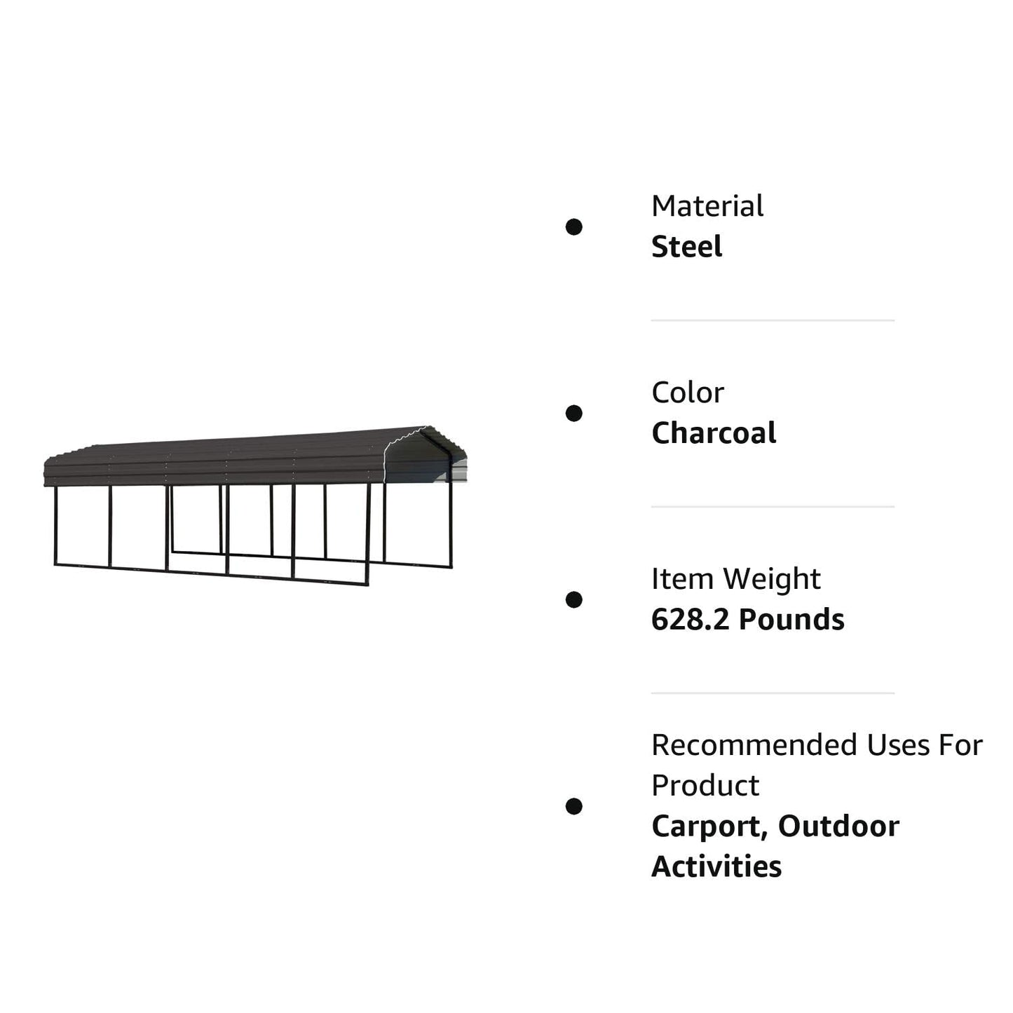 Arrow CPHC102407 Heavy Duty Galvanized Steel Metal Multi-Use Shelter, Shade, Carport, 10' x 24' x 7' Carport Only Charcoal 10' x 24' x 7'