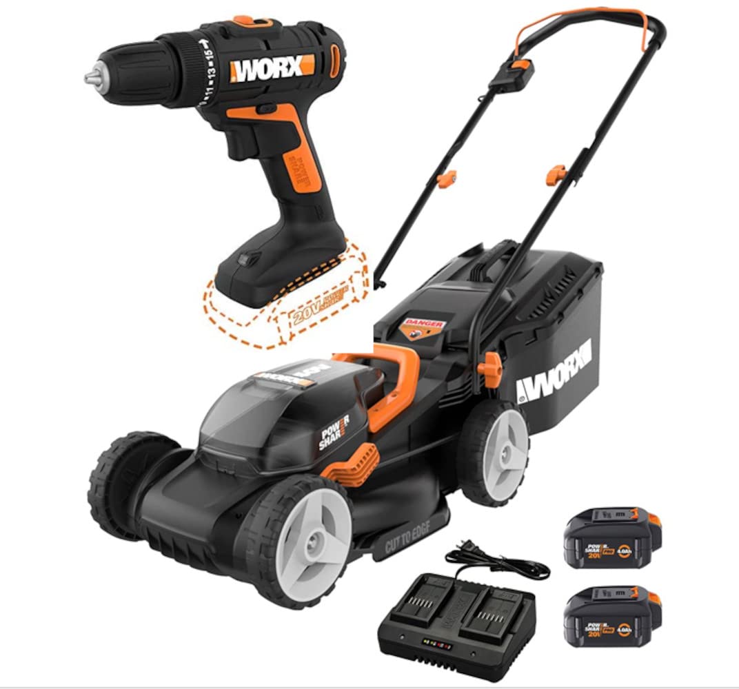 Worx 40V Power Share Yard & Tool Kit 14" 40-Volt 40.0Ah Batteries Included + Drill/Driver Mower + Drill/Driver