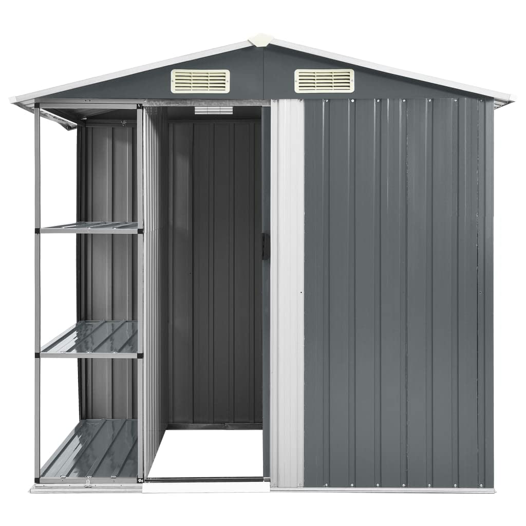 GOLINPEILO Metal Outdoor Garden Storage Shed with Rack, 80.7" x 51.2" x 72" Steel Utility Tool Shed Storage House, Steel Yard Shed, Utility and Tool Storage for Garden, Patio, Outdoor Use, Grey 80.7" x 51.2" x 72" Gray
