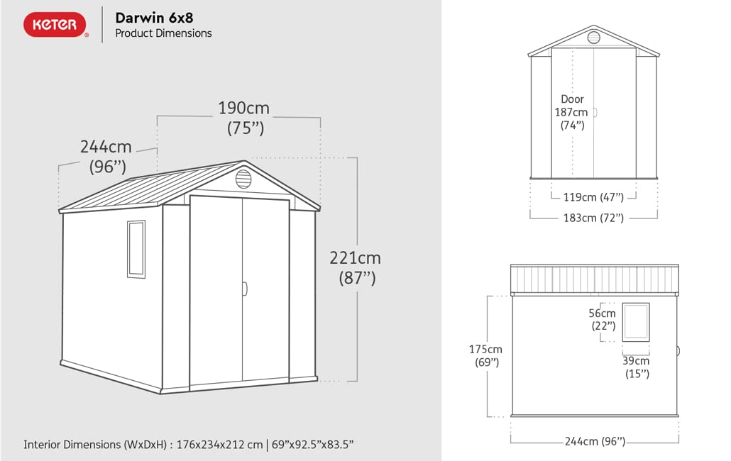 Keter Darwin Abri de rangement spacieux et robuste de 6 x 8 pieds pour organiser les accessoires de jardin et les outils d'extérieur avec doubles portes et plafond haut, gris