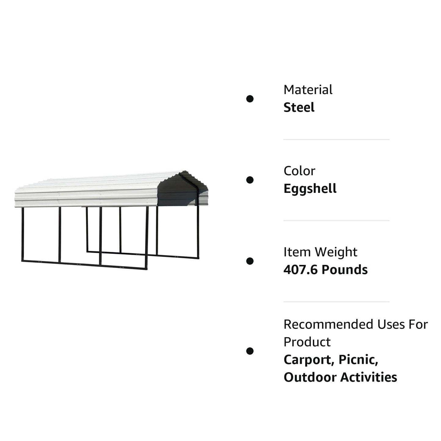 Arrow Shed 10' x 15' x 7' Carport Car Canopy with Galvanized Steel Horizontal Roof, Garage Shelter for Cars and Boats, Eggshell Carport Only 10' x 15' x 7'