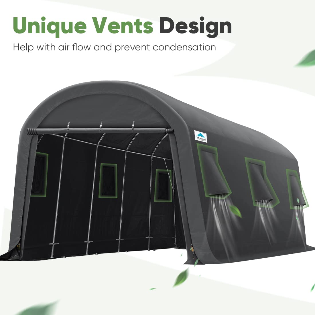 ADVANCE OUTDOOR Abri de voiture grand espace de 4,3 x 6,1 m, 2 portes et aérations enroulables, abri de rangement portable extérieur, tente de garage pour véhicule, bateau, camion, anti-UV, résistant à la neige, imperméable, gris foncé, 13' x 20'
