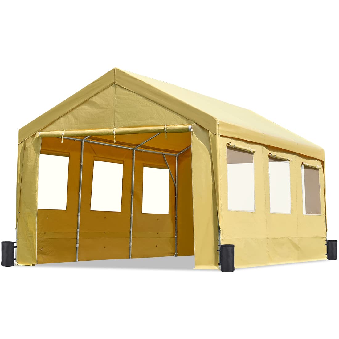 ADVANCE OUTDOOR 12x20 ft Heavy Duty Adjustable Carport with 6 Roll-up Ventilated Windows & Removable Sidewalls Car Canopy Garage Boat Shelter Party Tent, Peak Height from 9.5ft to 11ft, Beige Yellow 12'x20'