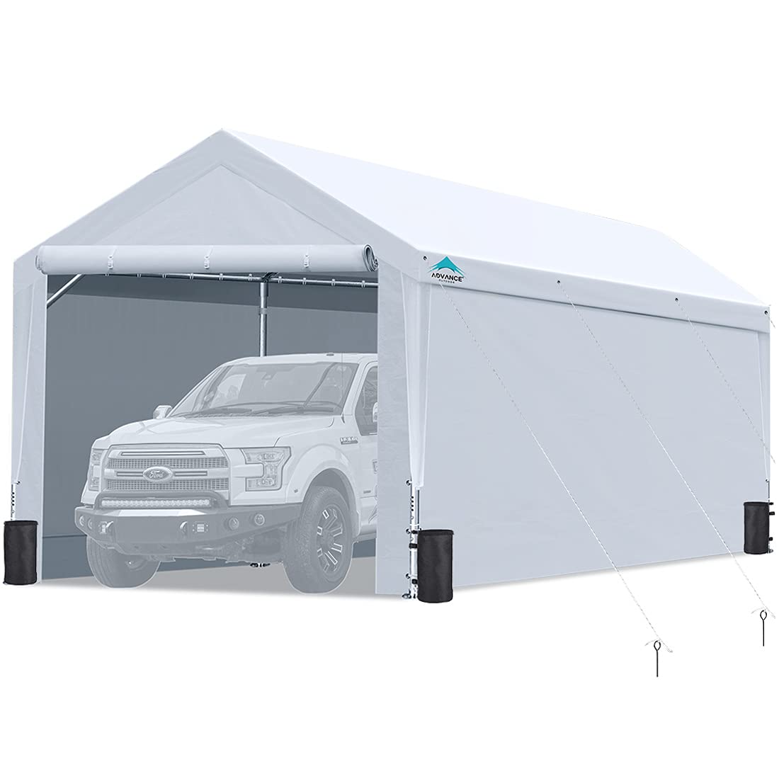 ADVANCE OUTDOOR 12x20 ft Heavy Duty Carport with Sidewalls and Doors, Adjustable Height from 9.5 to 11 ft, Car Canopy Garage Party Tent Boat Shelter 8 Reinforced Poles 4 Sandbags, White (017W-2) With Sidewall