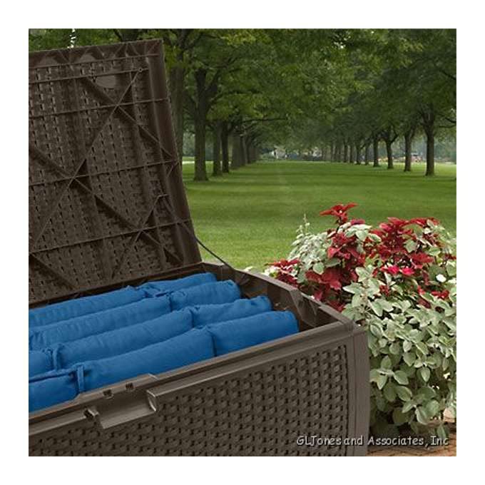 Suncast Boîte de rangement pour terrasse extérieure en osier de résine imperméable de 73 gallons, paquet de 3 boîtes de terrasse (paquet de 3)