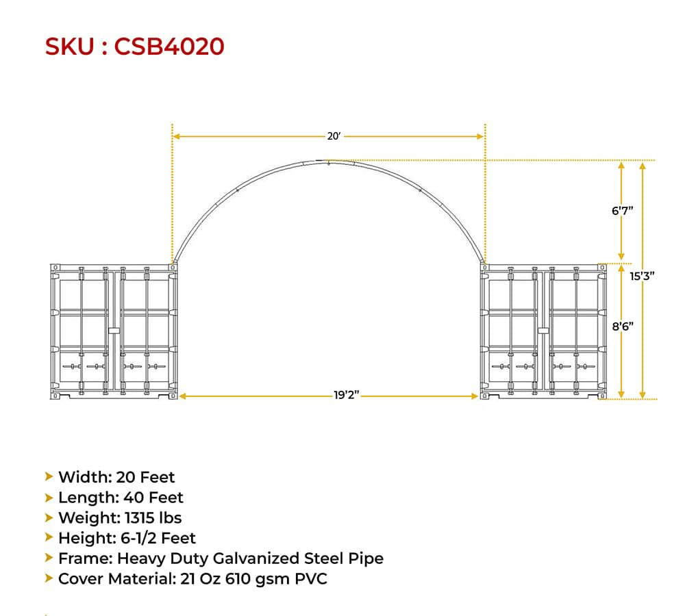 Mytee Products 40'(L) x 20'(W) Shipping Container Canopy Shelter - 21 Oz 610 GSM PVC White Cover Storage Container Roof with No End Walls - Durable & Weather-Resistant 40' (L) x 20' (W)