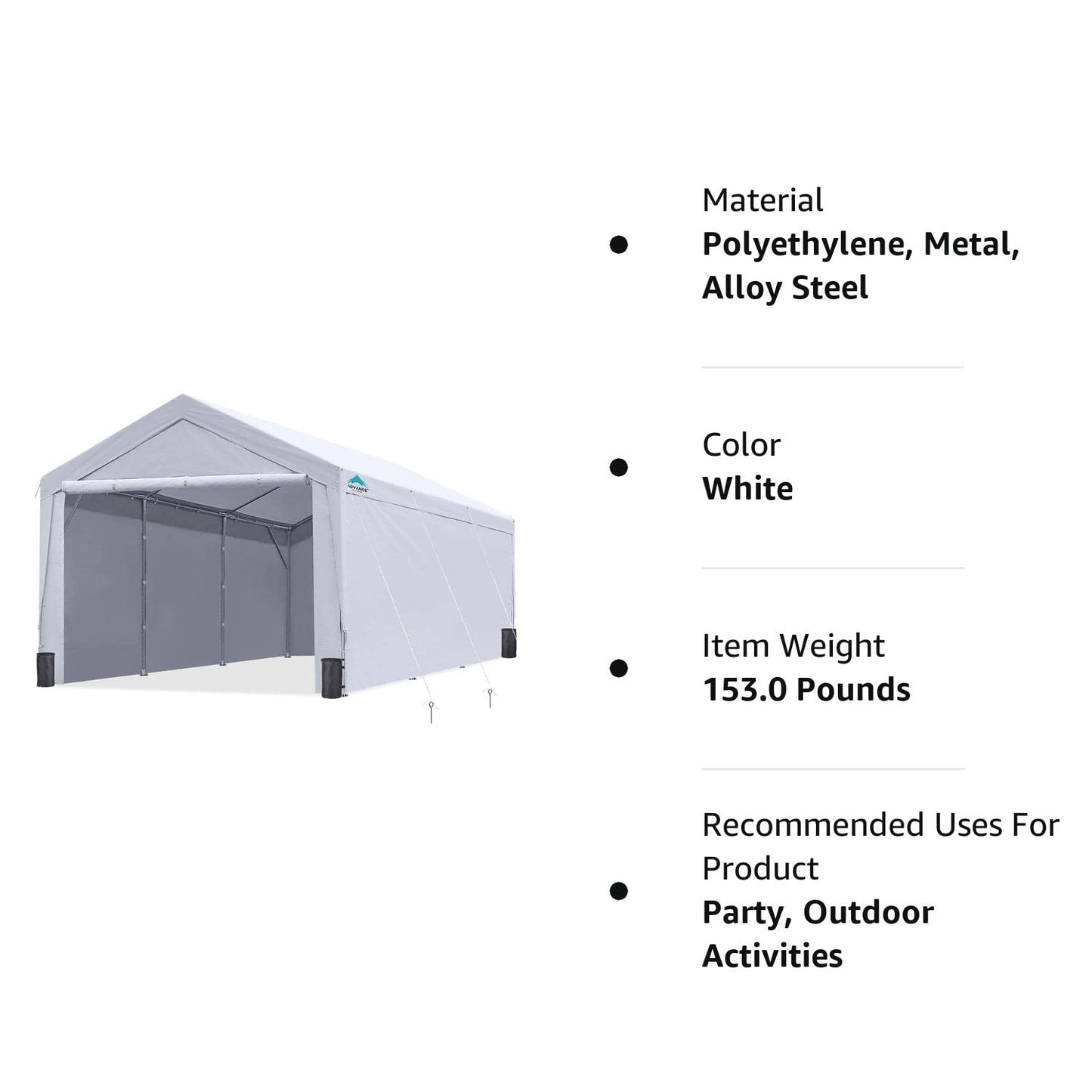 ADVANCE OUTDOOR 12x20 ft Heavy Duty Carport with Sidewalls and Doors, Adjustable Height from 9.5 ft to 11 ft, Car Canopy Garage Party Tent Boat Shelter with 8 Reinforced Poles and 4 Sandbags, White 12'x20'
