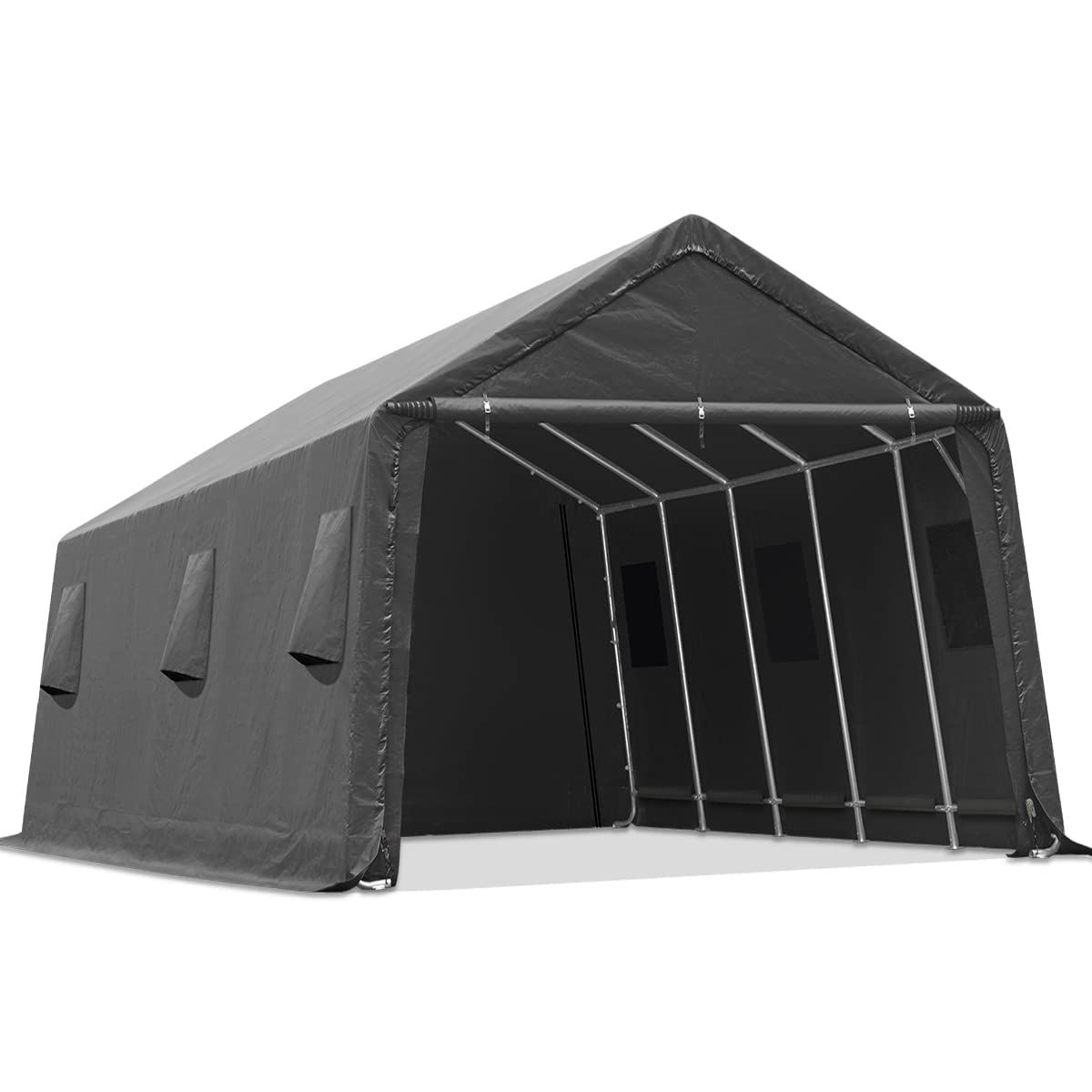 ADVANCE OUTDOOR Tente de garage de 4,3 x 6,1 m avec 2 portes enroulables et aérations, abri de rangement extérieur portable pour véhicule, camion, bateau, anti-UV, résistant à la neige, imperméable, gris (8809DGY) 13' x 20' gris foncé