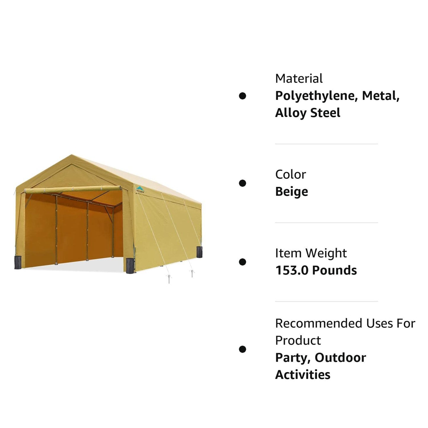 ADVANCE OUTDOOR 12x20 ft Heavy Duty Carport with Sidewalls & Doors, Adjustable Height from 9.5 ft to 11 ft, Car Canopy Garage Party Tent Boat Shelter with 8 Reinforced Poles and 4 Sandbags, Beige 12'x20'