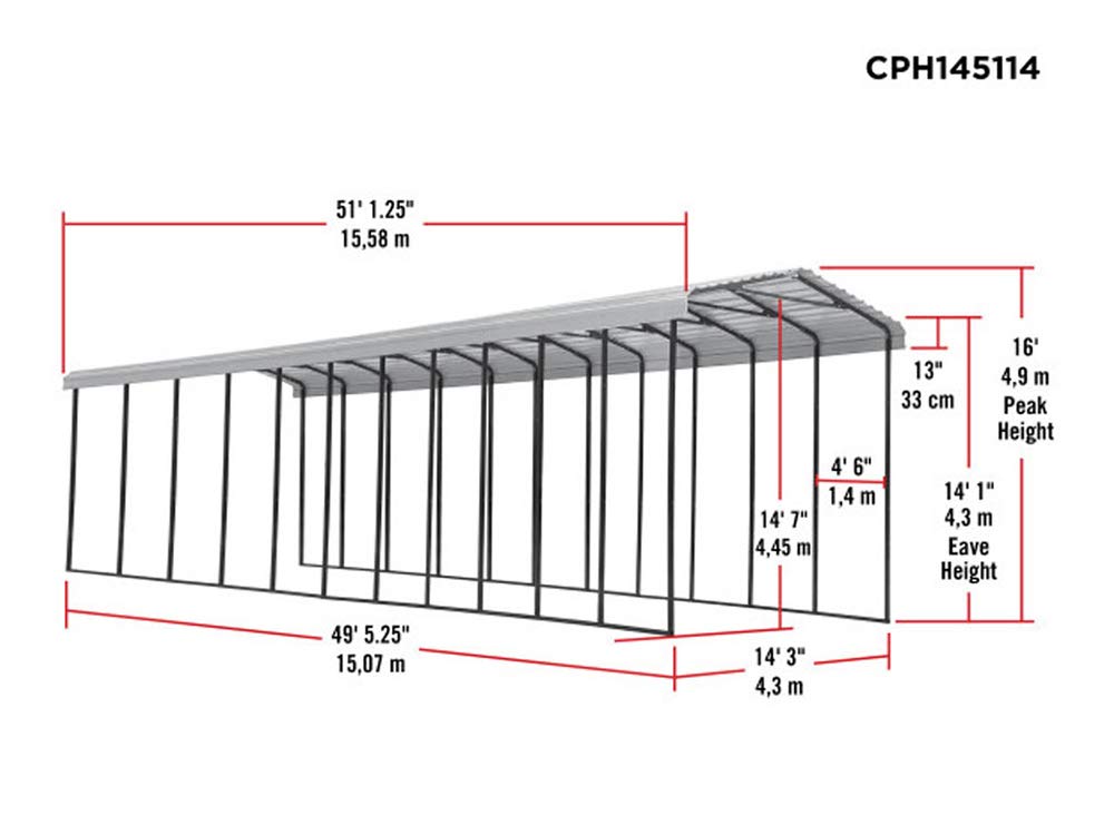 Abri d'auto Arrow, 14 pi x 51 pi x 14 pi Charbon 14' x 51' x 14'