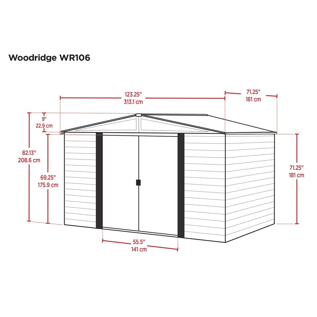 Arrow Shed WR106 Arrow Woodridge Pignon bas en acier, café/grain de bois, 10 x 6 pi, abri de rangement, marron