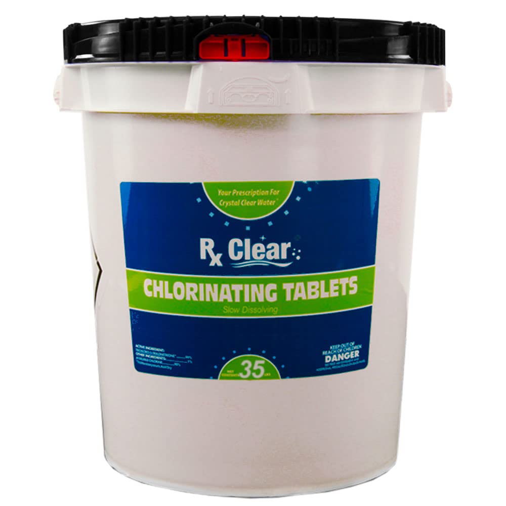 Rx Clear 1-Inch Stabilized Chlorine Tablets | Use As Bactericide, Algaecide, and Disinfectant in Swimming Pools and Spas | Slow Dissolving and UV Protected | 35 Lbs