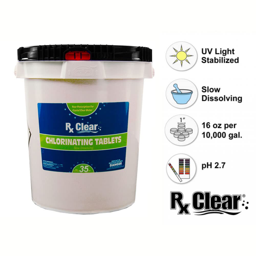 Rx Clear 1-Inch Stabilized Chlorine Tablets | Use As Bactericide, Algaecide, and Disinfectant in Swimming Pools and Spas | Slow Dissolving and UV Protected | 35 Lbs