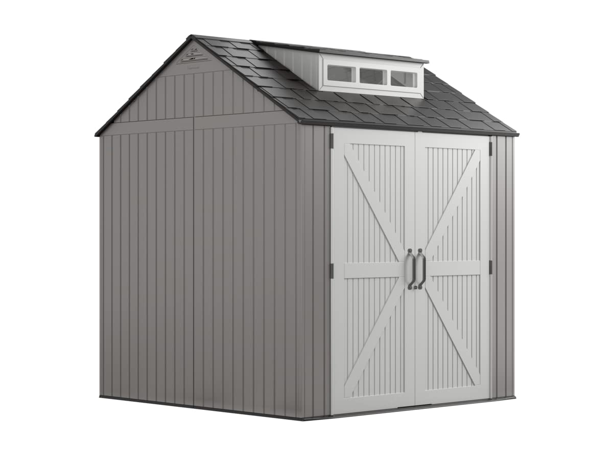 Rubbermaid Abri de rangement extérieur en résine résistant aux intempéries, 7 x 7 pieds, gris simple/onyx, pour jardin/arrière-cour/maison/piscine 7'x7'