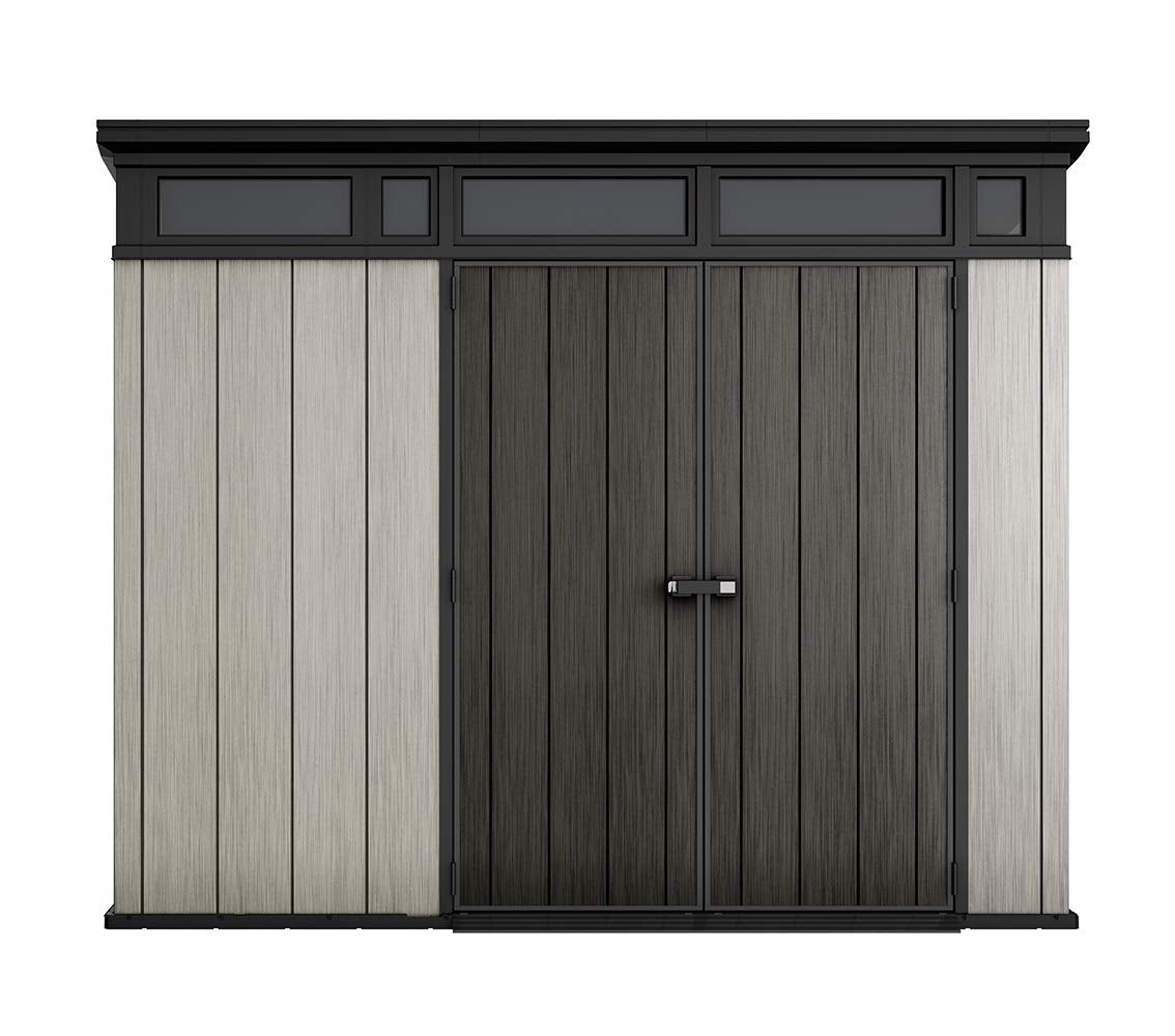 Keter Artisan Grand abri extérieur de 9 x 7 pieds avec sol au design moderne pour meubles de patio, tondeuse à gazon, outils et rangement pour vélos, pieds, gris/noir