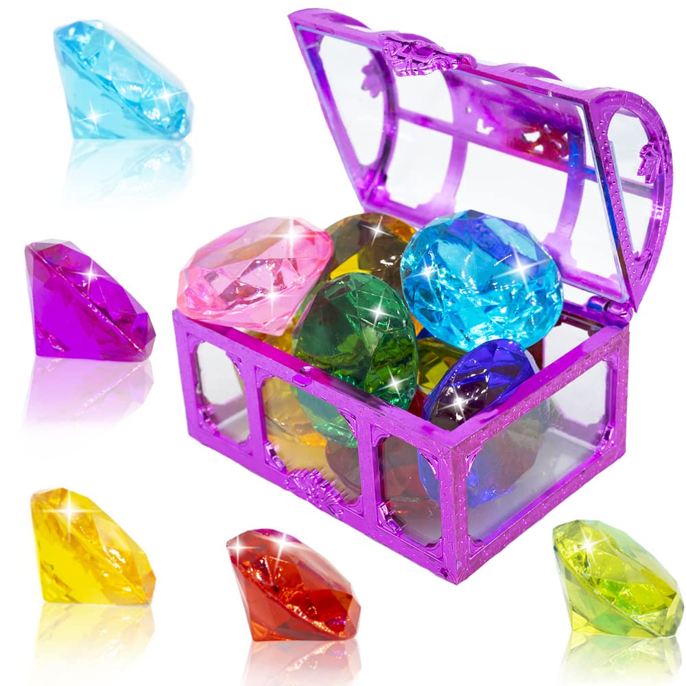 Hercugifts Diving Gem Pool Toy Colorful 6 Big Diamond Set with Treasure Pirate Box Summer Swimming Gem Diving Teaching Toy Sinking Gem Pool Toy (Purple) Purple