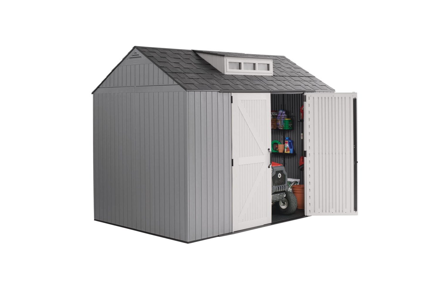 Rubbermaid Grand abri de rangement extérieur en résine, 10,5 x 7 pi, gris, avec un espace important pour la maison/jardin/arrière-cour/équipement de pelouse 7'x10'