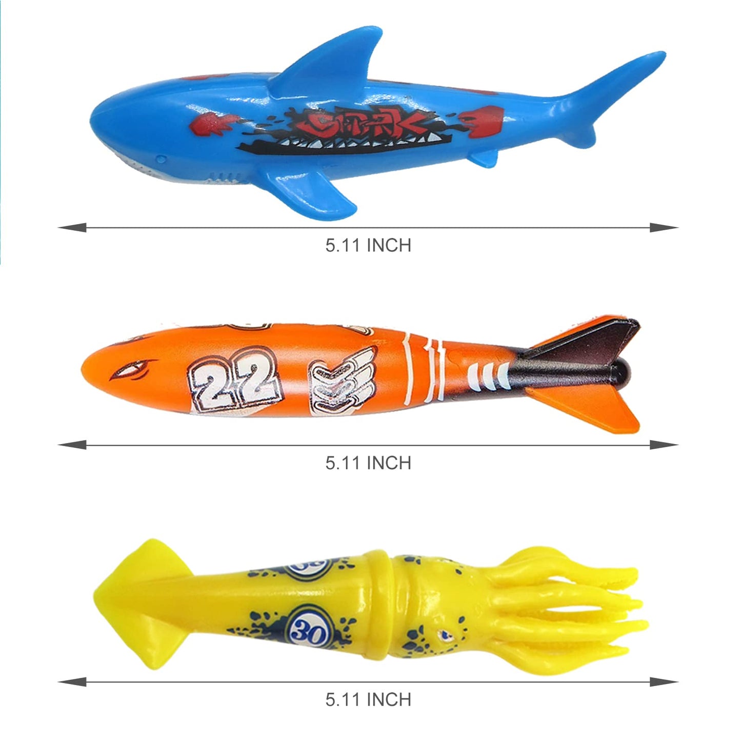 Pool Diving Toy Set for Kids, Practice Diving and Swimming, Underwater Sinking Torpedos, Sharks and Squids Multicolor Assorted