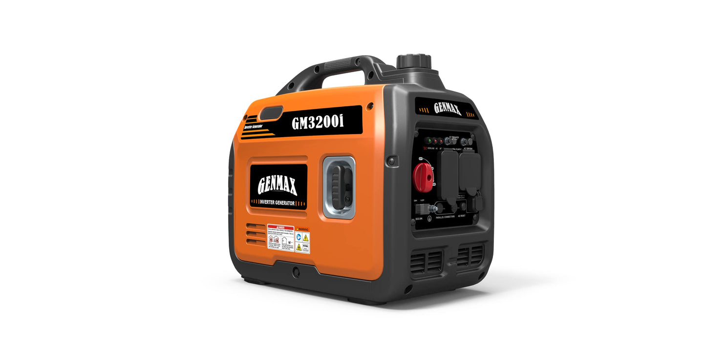 Générateur à onduleur portable GENMAX, moteur à essence ultra-silencieux de 3 200 W et prêt pour les camping-cars, conforme à l'EPA, fonction mode écologique, ultra léger pour une utilisation domestique et le camping (GM-3200i) GE-3300A