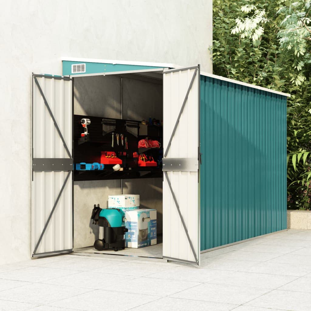 vidaXL Abri de rangement, abri de jardin mural avec portes doubles verrouillables, abri de rangement extérieur pour pelouse de patio, acier galvanisé vert 46,5" x 113,4" x 70,1"