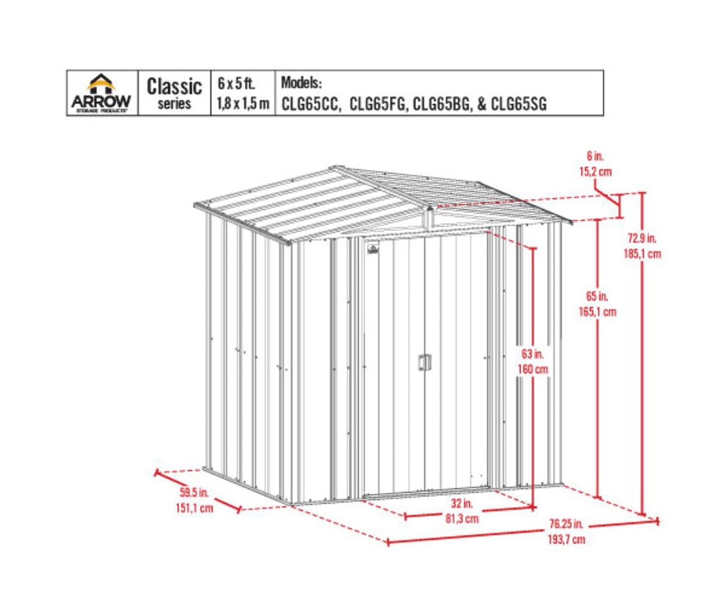 Arrow Shed Classic 6' x 5' Outdoor Padlockable Steel Storage Shed Building Blue Grey