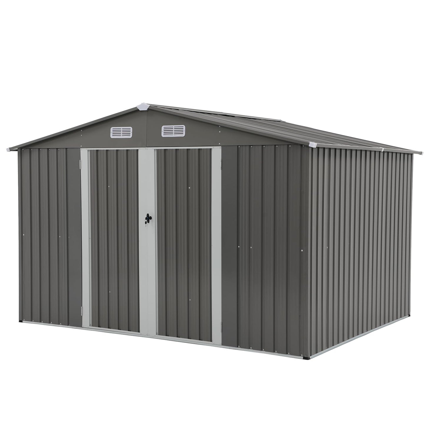 Verano Garden 10x8 FT Outdoor Storage Shed, Galvanized Steel Metal Garden Shed, Double Door W/Lock, Outdoor Storage Tool House for Backyard, Patio, Lawn 8’x10’ Gray