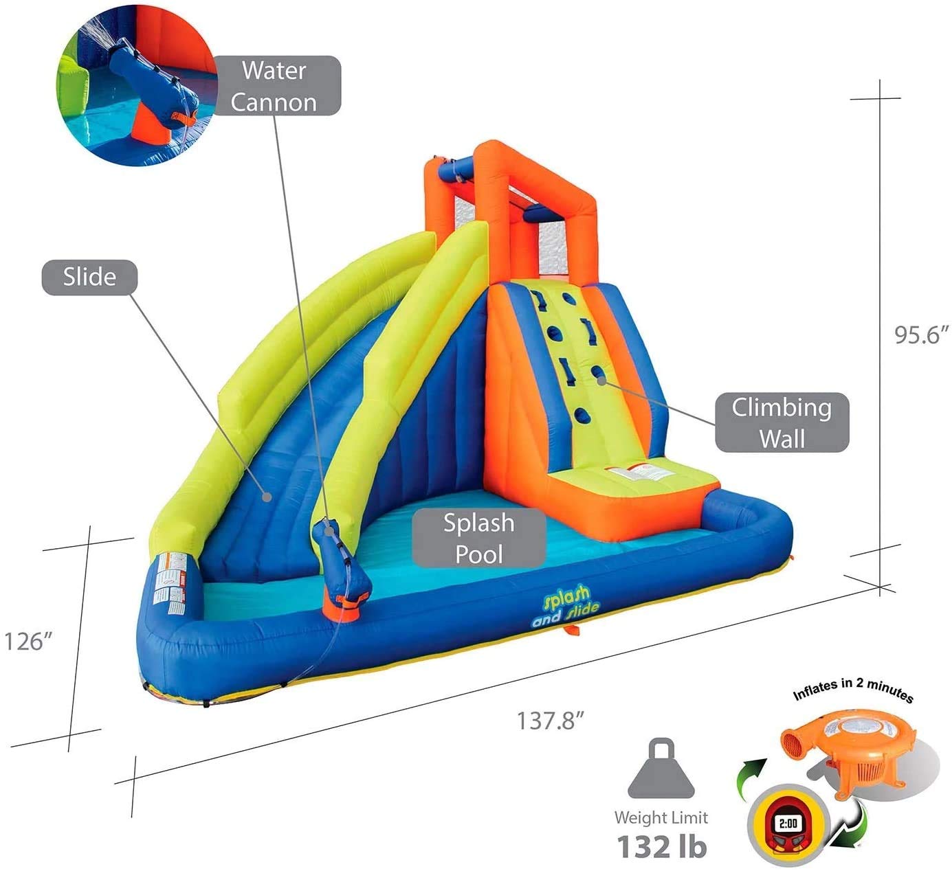 Corson Tools Splash and Slide Climb Inflatable Water Blob, Climbing Wall, and Pool Area | Outdoor Summer Fun for Kids & Families with Air Blower My First Waterslide