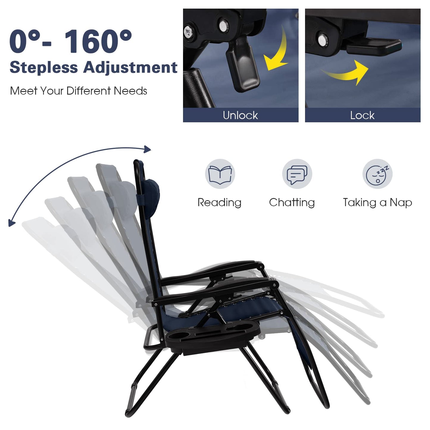 Goplus Zero Gravity Chair, Adjustable Folding Reclining Lounge Chair with Pillow and Cup Holder, Patio Lawn Recliner for Outdoor Pool Camp Yard (Set of 2, Navy) set of 2