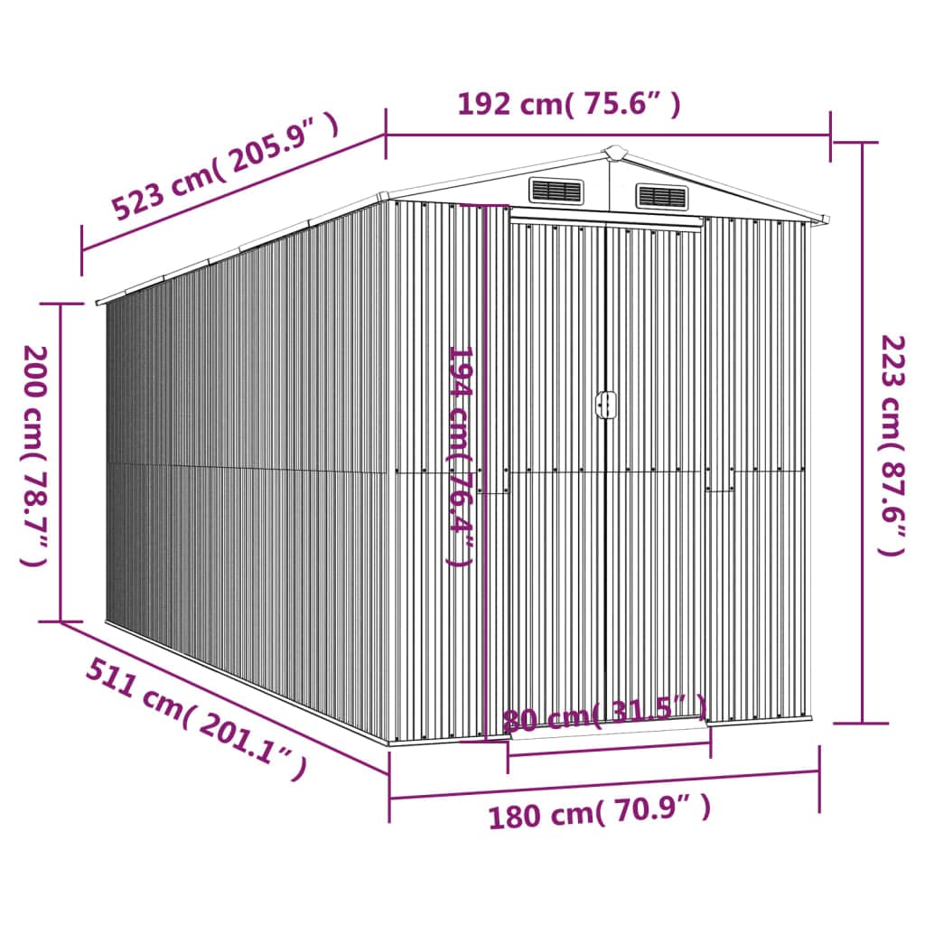 Gecheer Abri de jardin en acier galvanisé, abri de rangement pour outils de jardin avec évent, abri de rangement extérieur pour organiser la maison de rangement avec porte pour jardin, patio, pelouse – Gris clair 190 x 500 x 220 cm, 75,6 x 205,9 x 87,8