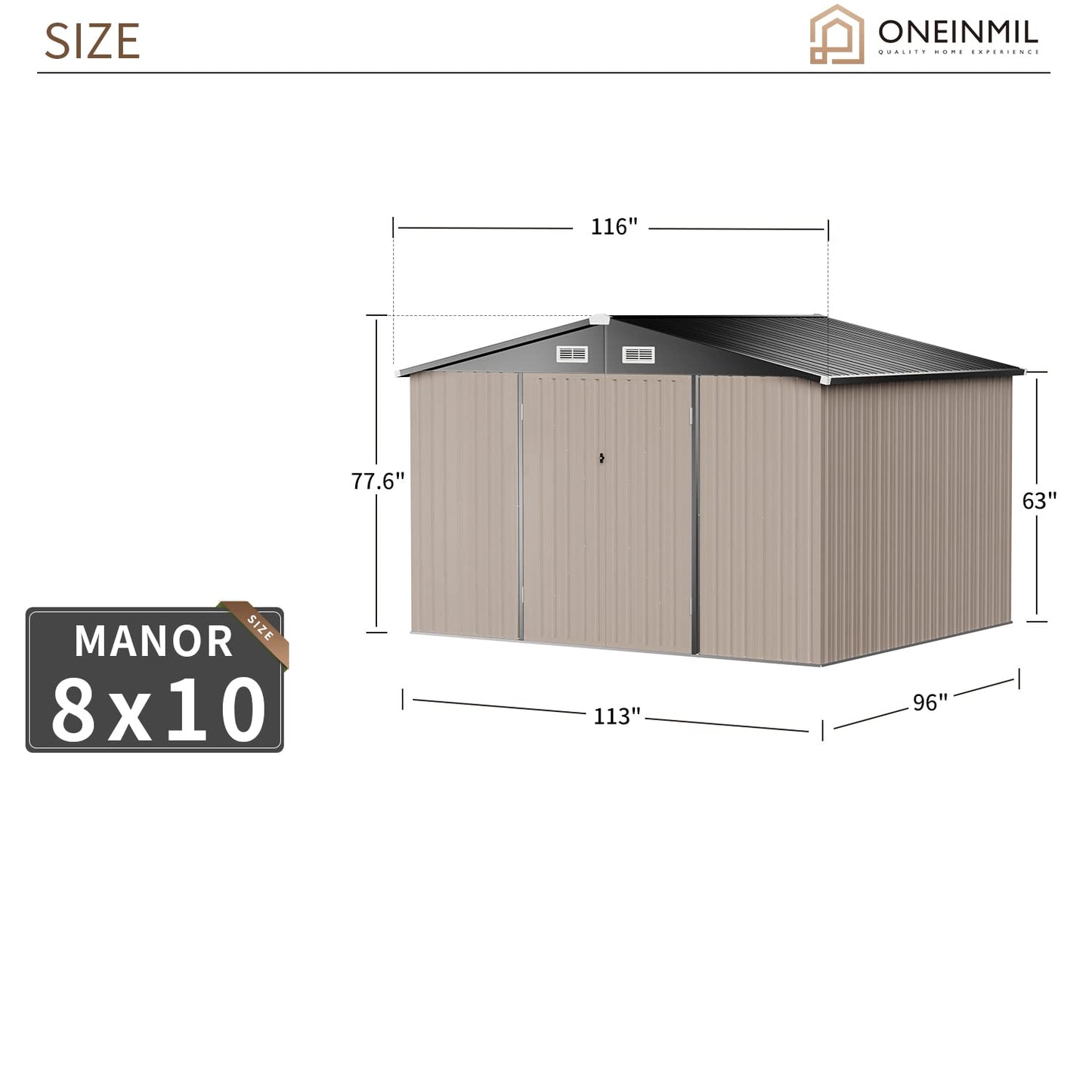 oneinmil Abri de rangement de jardin extérieur de 2,4 x 3 m, abri de jardin en métal en acier galvanisé avec grille d'aération et porte à charnière, maison de rangement pour outils utilitaires pour jardin, cour, patio, pelouse marron 2,4 x 3 m