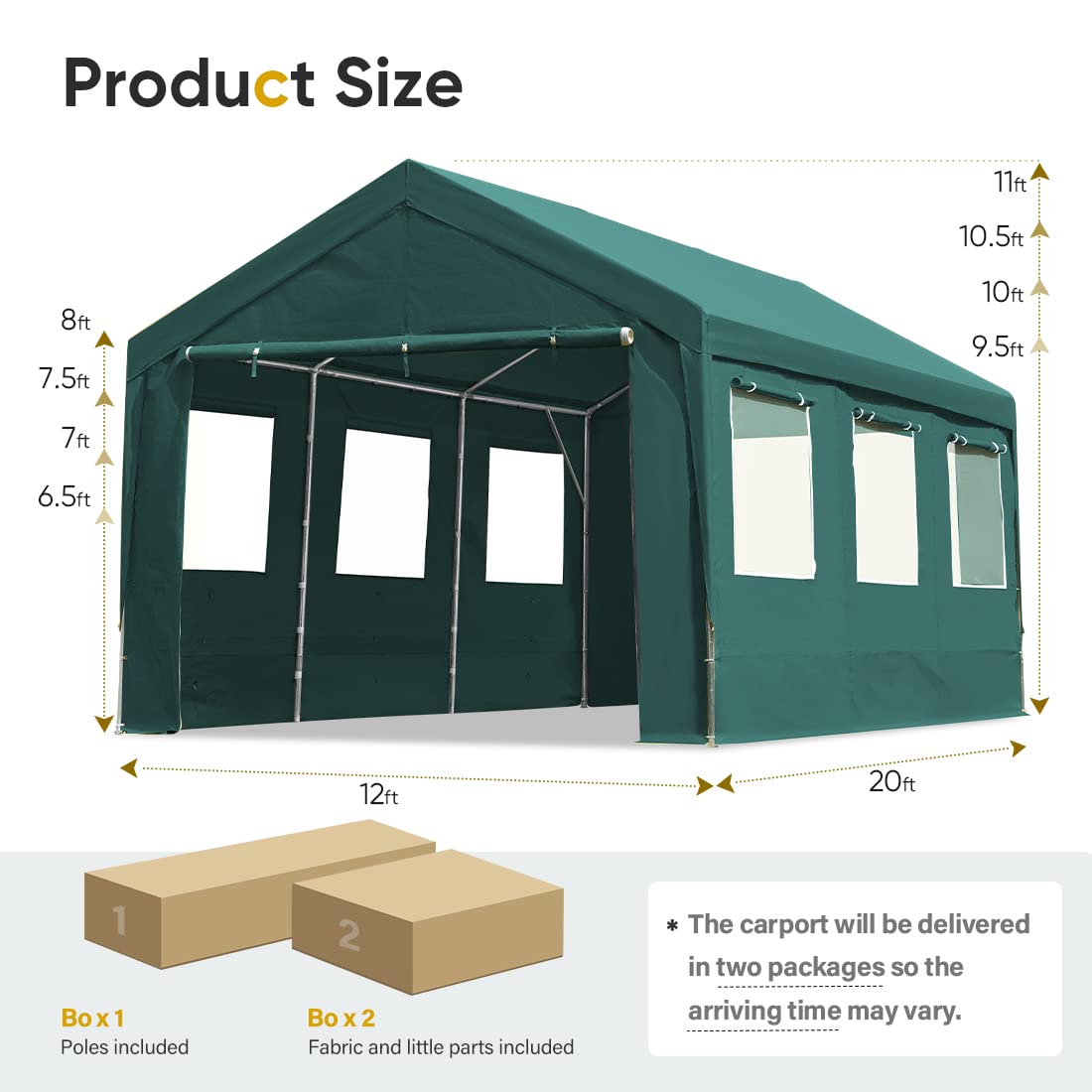 ADVANCE OUTDOOR 12x20 ft Heavy Duty Adjustable Carport with 6 Roll-up Ventilated Windows & Removable Sidewalls Car Canopy Garage Boat Shelter Party Tent, Peak Height from 9.5ft to 11ft, Green (020G) 12'x20'