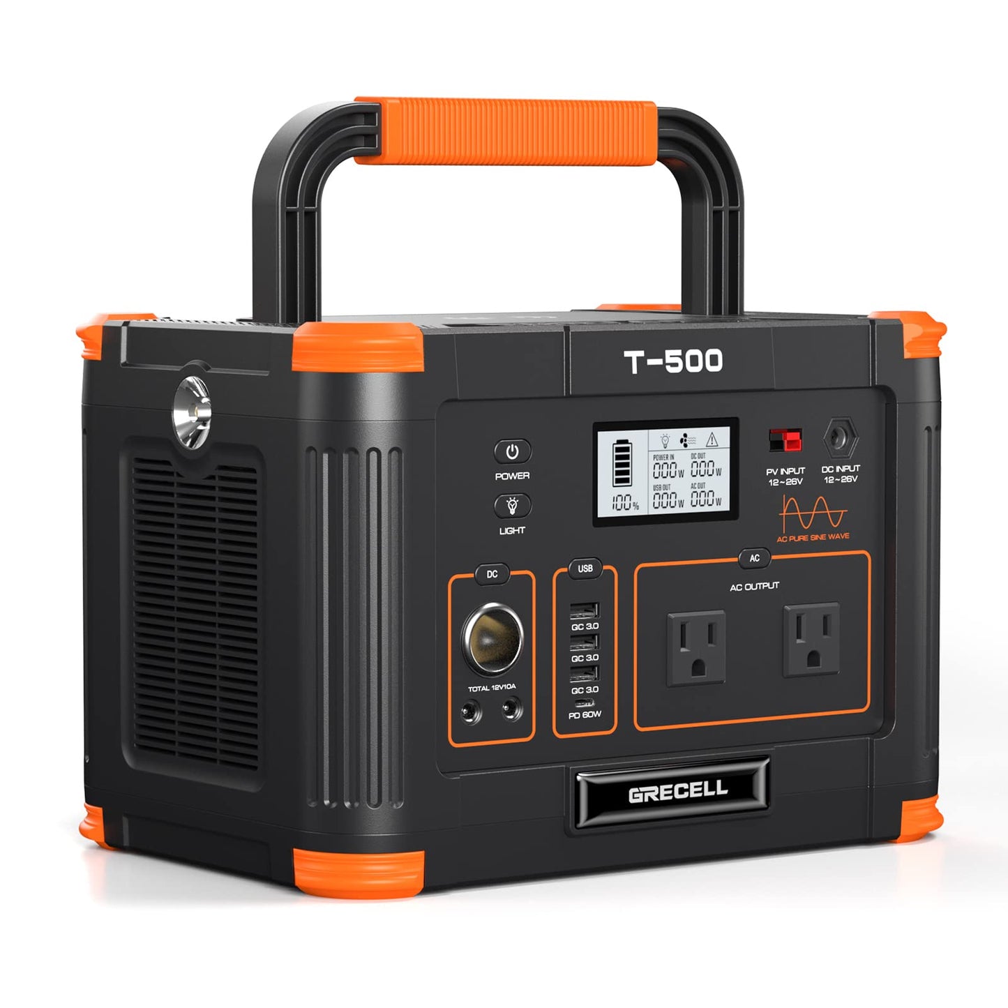 GRECELL Portable Power Station 500W(Peak 1000W), 519Wh Outdoor Solar Generator