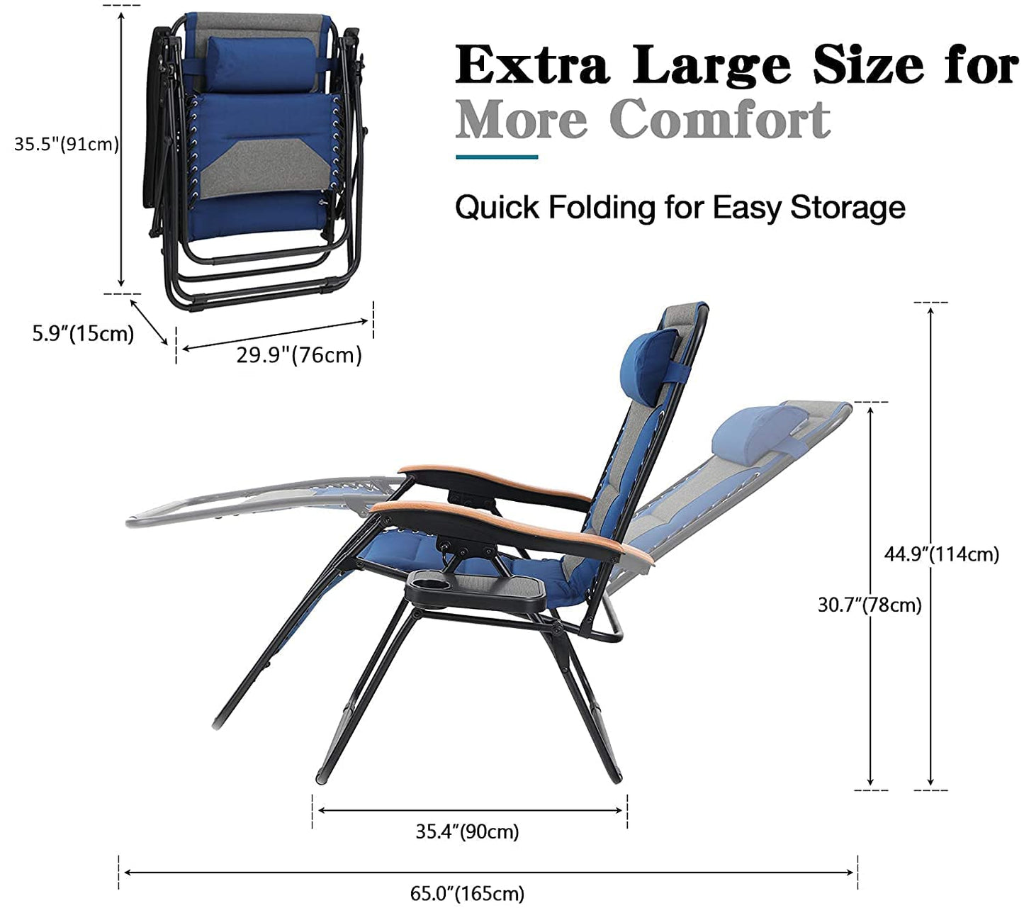 PHI VILLA Oversize XL Padded Zero Gravity Lounge Chair Family Lovers Pack with Wide Armrest Foldable Recliner, Set of 2, Support 400 LBS (Blue) Thumb Blue-oversized 2-Pack