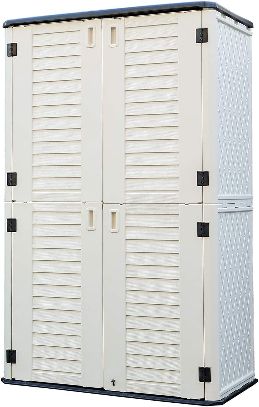 HOMSPARK Abri de rangement vertical résistant aux intempéries, armoire de rangement extérieure double couche pour accessoires de jardin et de terrasse, (50 po L x 29 po L x 82 po H, 52 pieds cubes) Toit gris, mur beige clair, sol noir