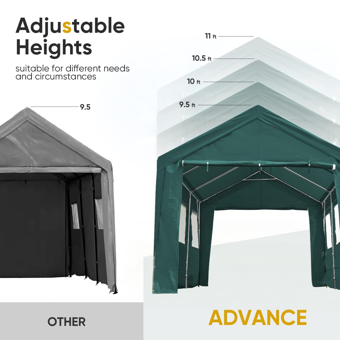 ADVANCE OUTDOOR 12x20 ft Heavy Duty Adjustable Carport with 6 Roll-up Ventilated Windows & Removable Sidewalls Car Canopy Garage Boat Shelter Party Tent, Peak Height from 9.5ft to 11ft, Green (020G) 12'x20'