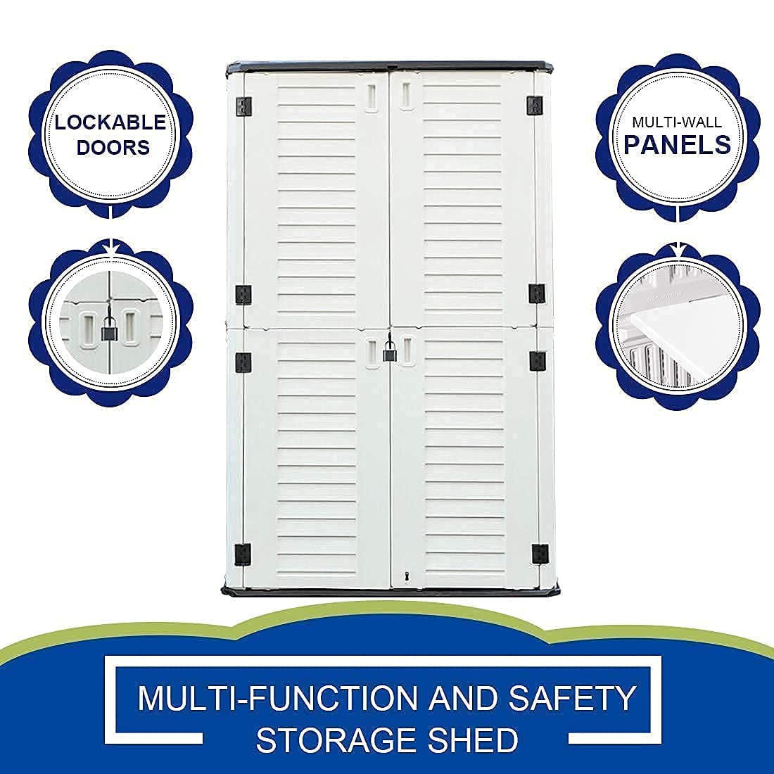 KINYING Abri de rangement extérieur étanche, armoire de rangement verticale en résine à double couche, polyvalente pour ranger les meubles de patio, les outils de jardin, les accessoires de piscine, la tondeuse (52 pieds cubes, blanc) Blanc crème-01A