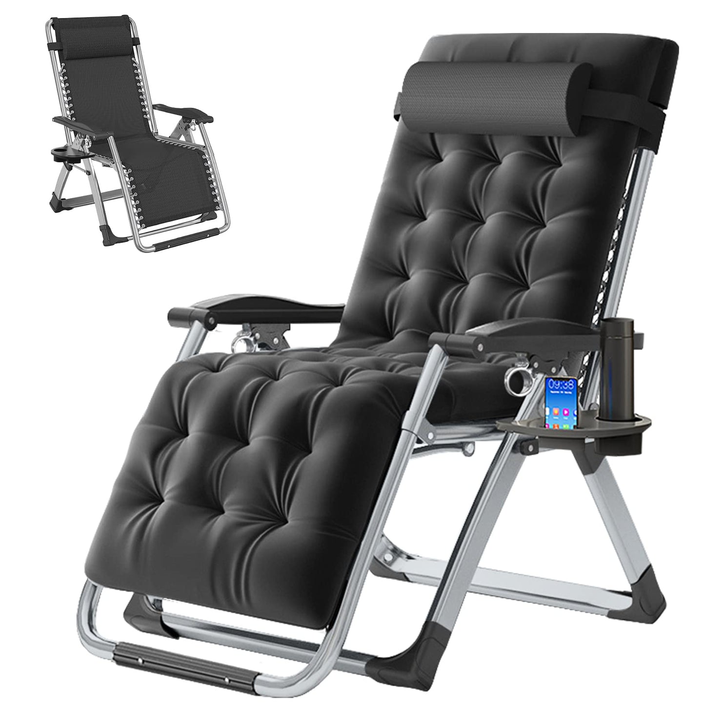 LILYPELLE Zero Gravity Chair, Premium Lawn Recliner Folding Portable Chaise Lounge with Detachable Cushion, Headrest and Cup Holder, Reclining Patio Lounger Chair Cool Black