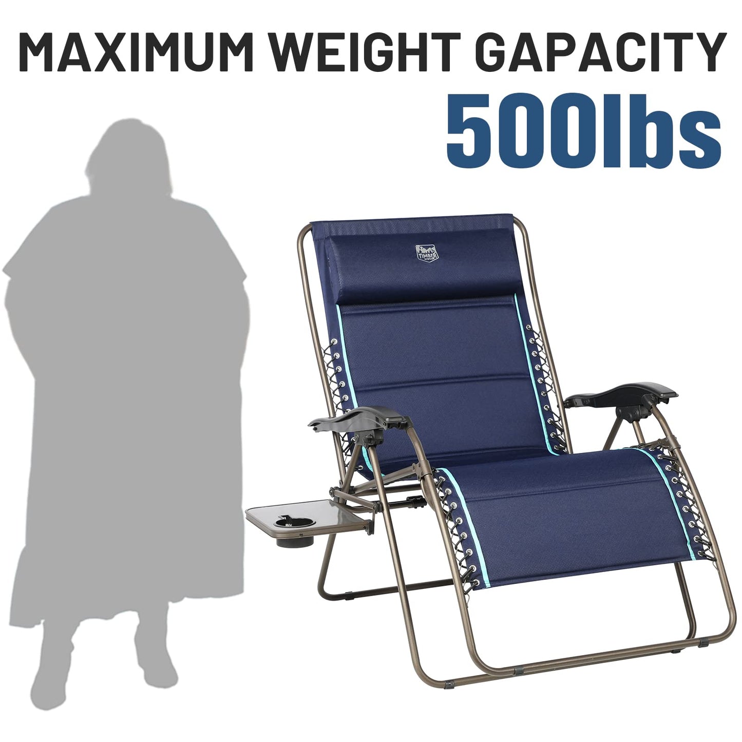 TIMBER RIDGE XXL Oversized Zero Gravity Chair, Full Padded Patio Lounger with Side Table, 33”Wide Reclining Lawn Chair, Support 500lbs(Blue) Blue