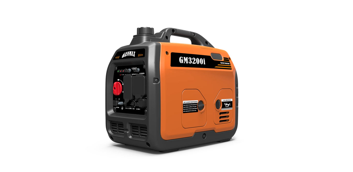 Générateur à onduleur portable GENMAX, moteur à essence ultra-silencieux de 3 200 W et prêt pour les camping-cars, conforme à l'EPA, fonction mode écologique, ultra léger pour une utilisation domestique et le camping (GM-3200i) GE-3300A