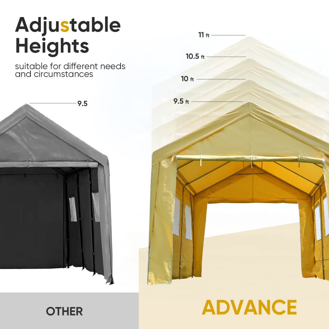 ADVANCE OUTDOOR 12x20 ft Heavy Duty Adjustable Carport with 6 Roll-up Ventilated Windows & Removable Sidewalls Car Canopy Garage Boat Shelter Party Tent, Peak Height from 9.5ft to 11ft, Beige Yellow 12'x20'