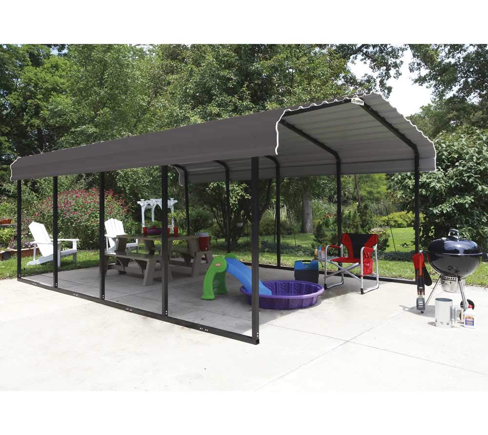 Arrow CPHC102007 Heavy Duty Galvanized Steel Metal Multi-Use Shelter, Shade, Carport, 10' x 20' x 7' Carport Only Charcoal 10' x 20' x 7'