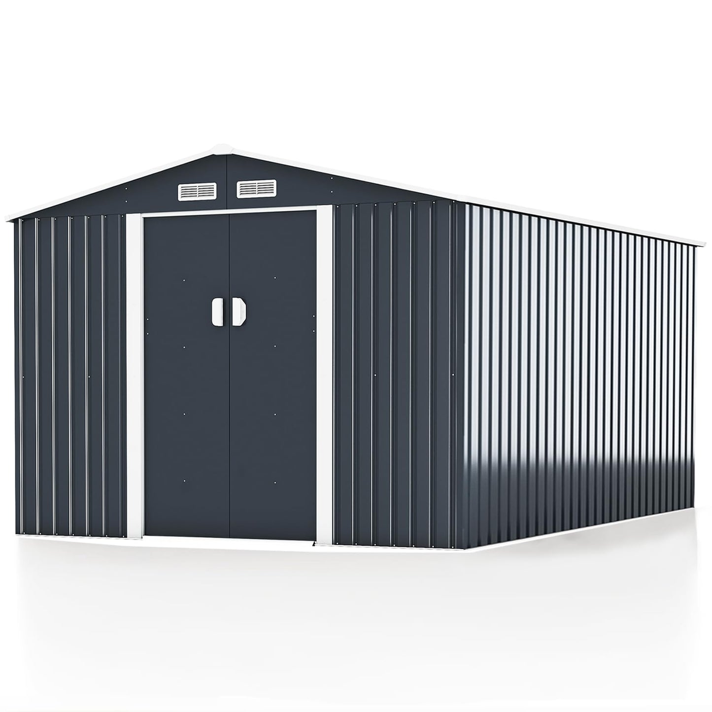 HOGYME Abri de rangement extérieur de 10,5' x 9,1', grands abris et espace de rangement extérieur adapté à l'échelle de tondeuse à gazon, abri de jardin en métal avec porte verrouillable/coulissante, gris 9,1x10,5