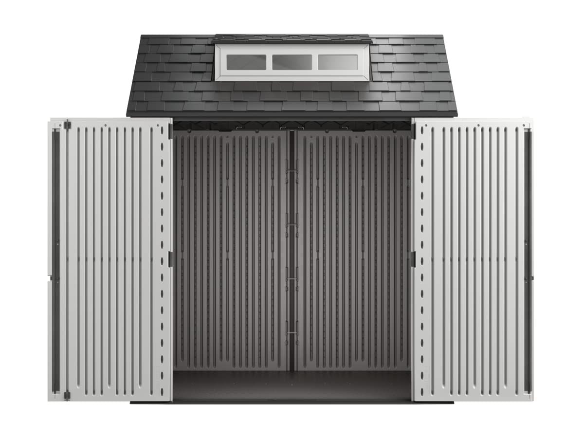 Rubbermaid Abri de rangement extérieur en résine résistant aux intempéries, 7 x 7 pieds, gris simple/onyx, pour jardin/arrière-cour/maison/piscine 7'x7'