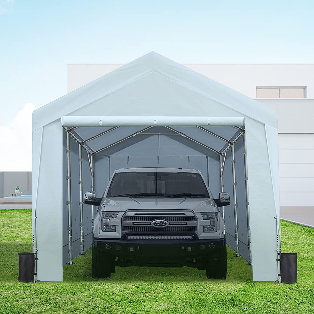 ADVANCE OUTDOOR 12x20 ft Heavy Duty Carport with Sidewalls and Doors, Adjustable Height from 9.5 ft to 11 ft, Car Canopy Garage Party Tent Boat Shelter with 8 Reinforced Poles and 4 Sandbags, White 12'x20'