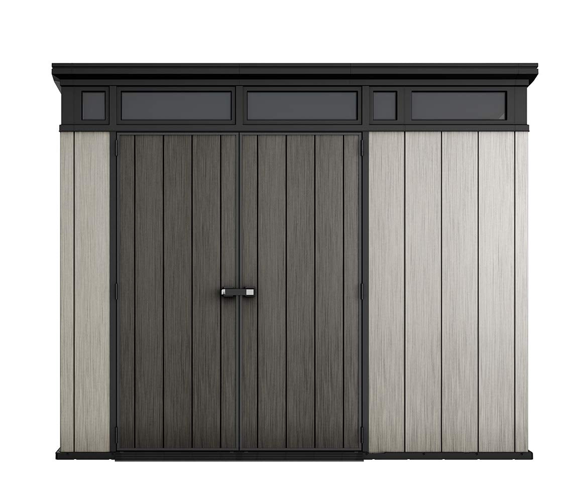 Keter Artisan Grand abri extérieur de 9 x 7 pieds avec sol au design moderne pour meubles de patio, tondeuse à gazon, outils et rangement pour vélos, pieds, gris/noir