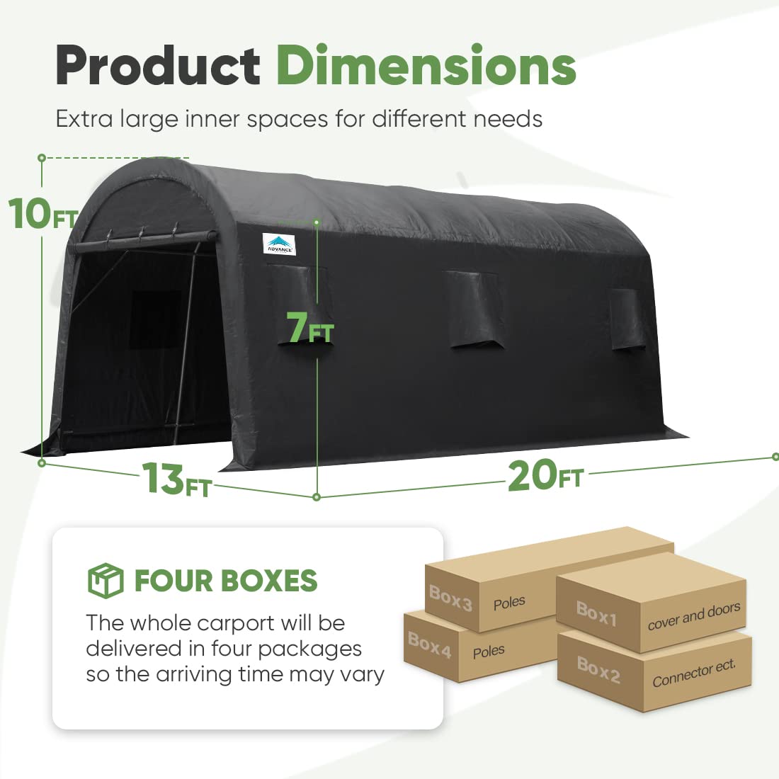 ADVANCE OUTDOOR Abri de voiture grand espace de 4,3 x 6,1 m, 2 portes et aérations enroulables, abri de rangement portable extérieur, tente de garage pour véhicule, bateau, camion, anti-UV, résistant à la neige, imperméable, gris foncé, 13' x 20'