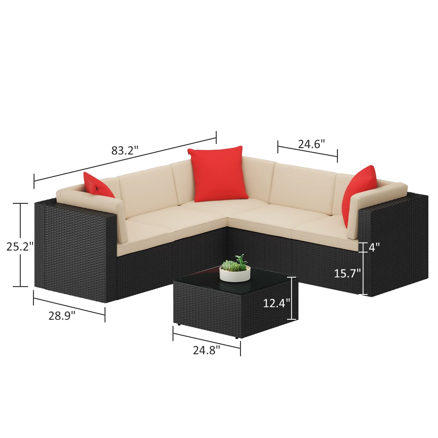 Greesum Patio Furniture Sets 6 Piece Outdoor Wicker Rattan Sectional Sofa with Cushions, Pillows & Glass Table, Beige 6 Pieces