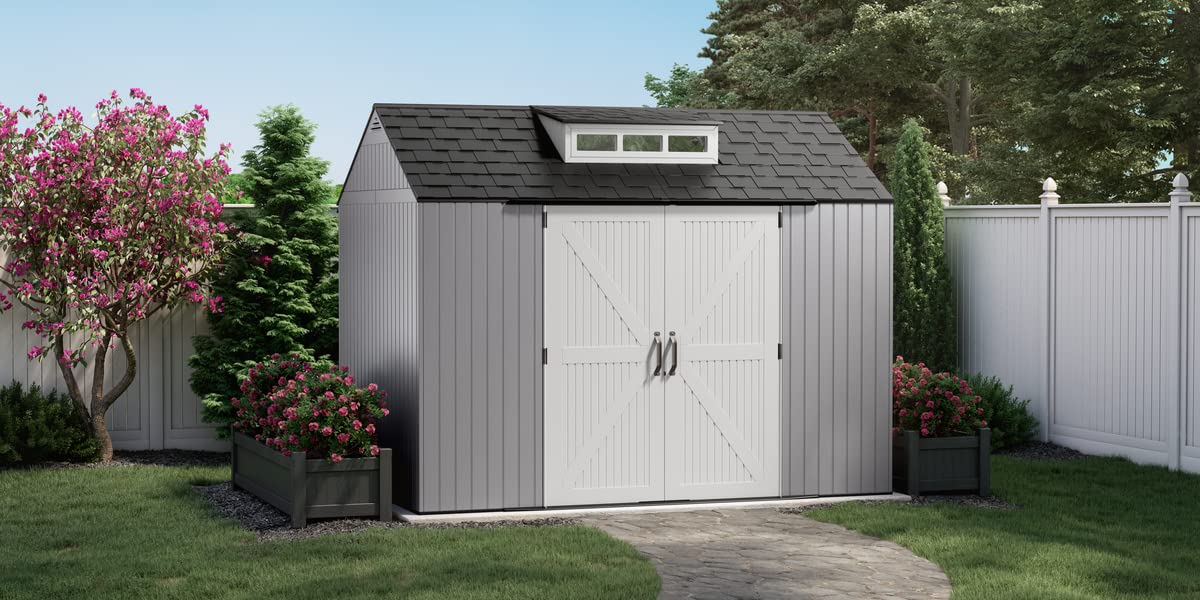 Rubbermaid Grand abri de rangement extérieur en résine, 10,5 x 7 pi, gris, avec un espace important pour la maison/jardin/arrière-cour/équipement de pelouse 7'x10'